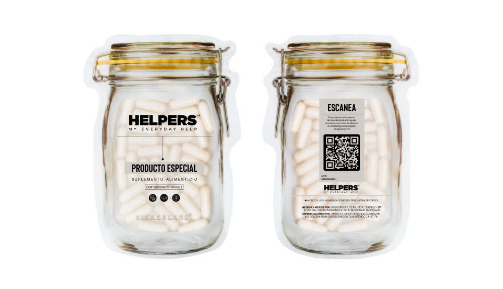 Etiqueta de producto de HelpersCo en un envase de vidrio con cápsulas blancas. Incluye el texto 'Producto Especial, Suplemento Alimenticio' en la parte frontal y un código QR en la parte posterior para obtener información adicional sobre el producto. Envase con diseño de frasco de almacenamiento con cierre hermético.
